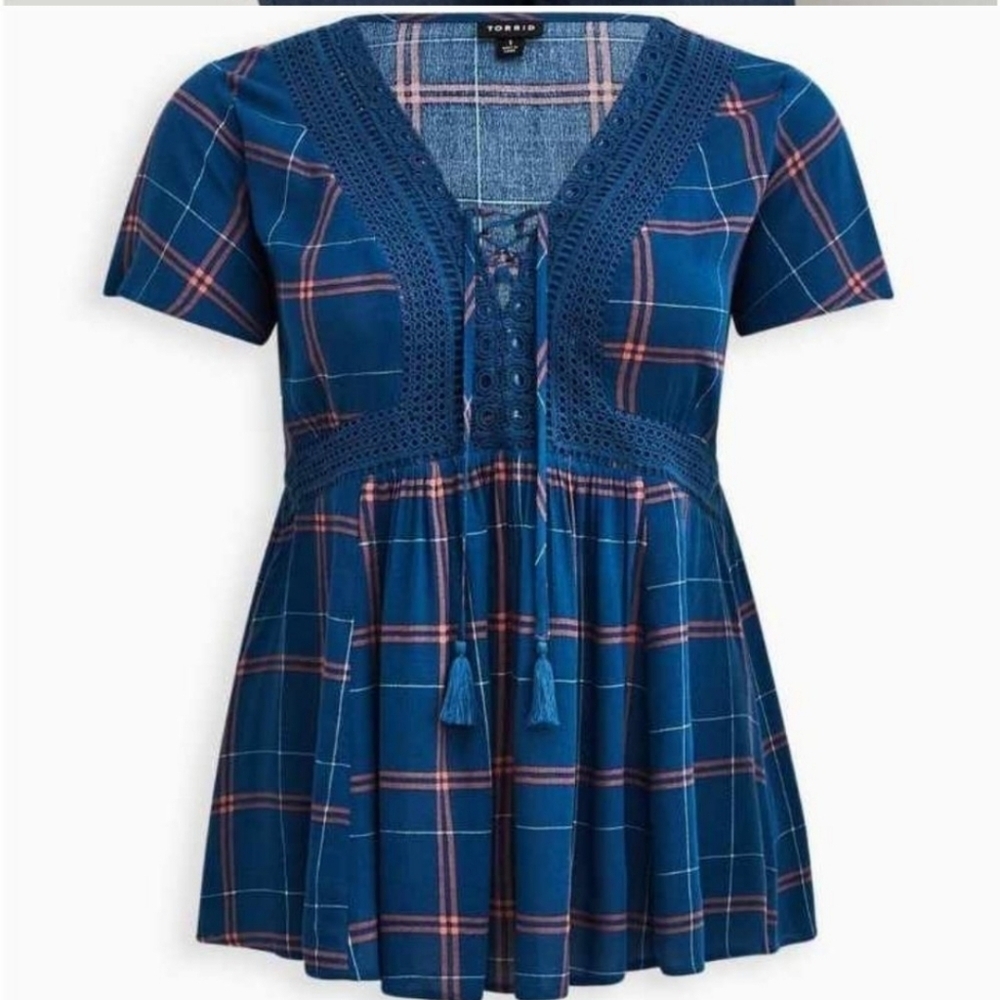 Torrid Womens Blue Plaid Vneck  Short Sleeves Tassel Blouse Size 2X